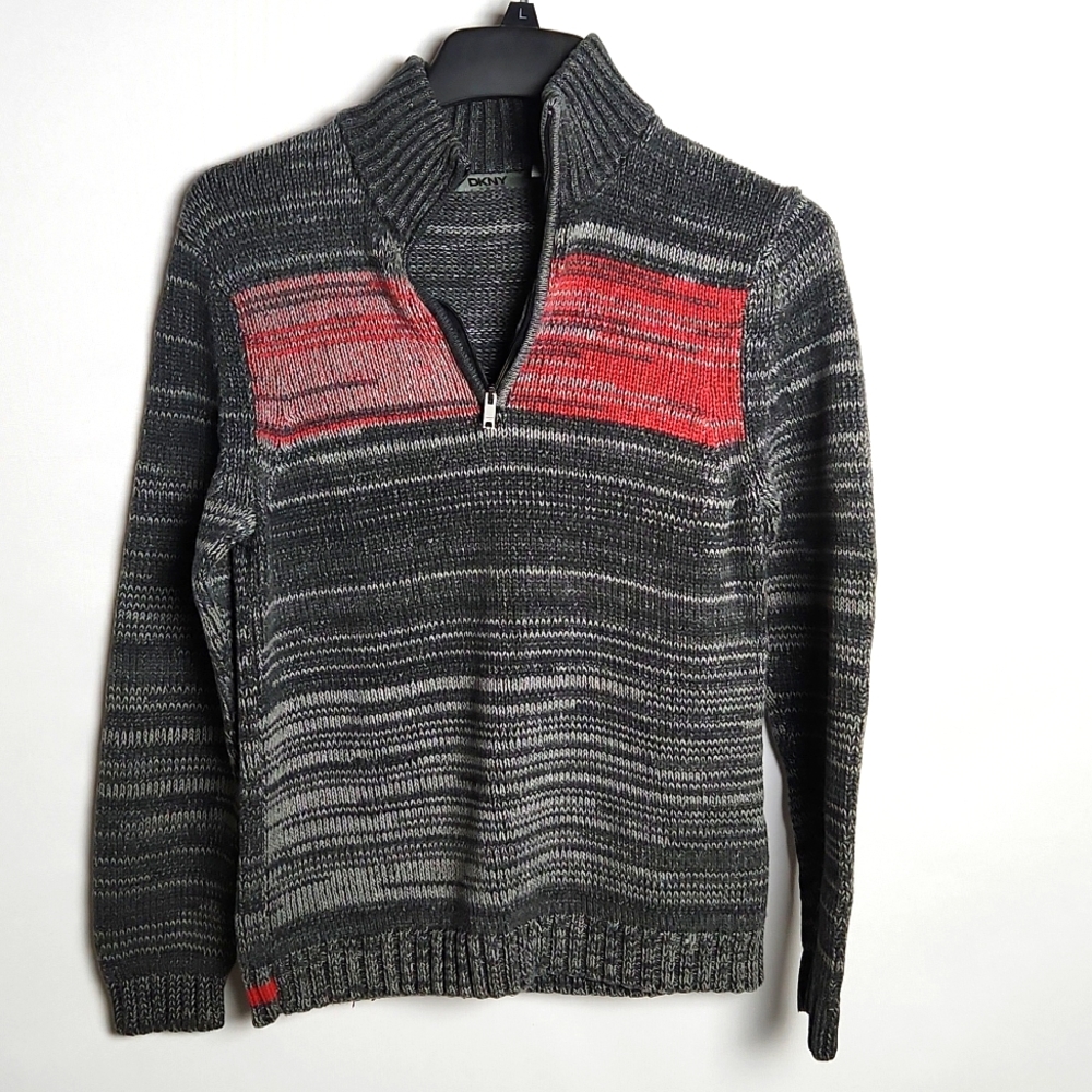 DKNY Striped Gray and Red Sweater 1/4 Zip neck Size-Med